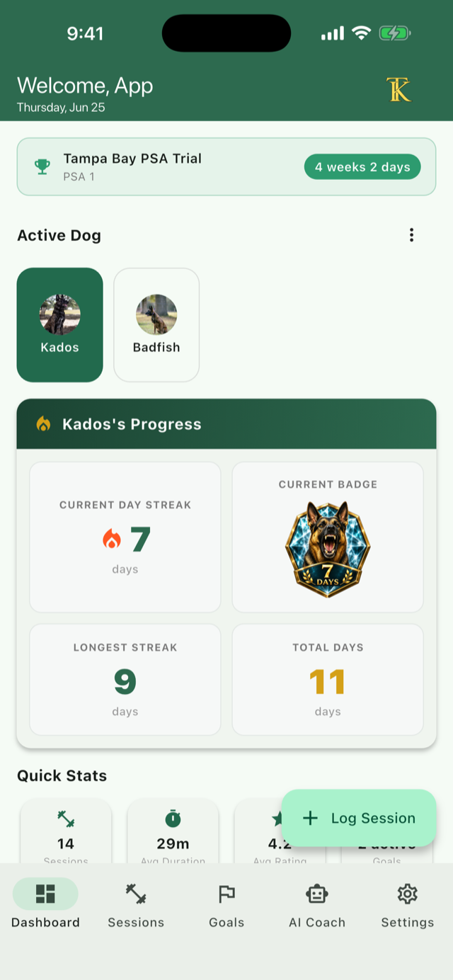 Sport Dog Training Tracker dashboard showing streaks and badges