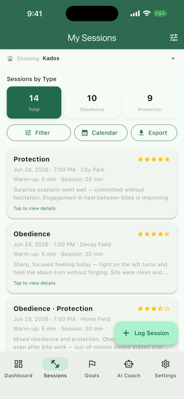 Organized list of training sessions