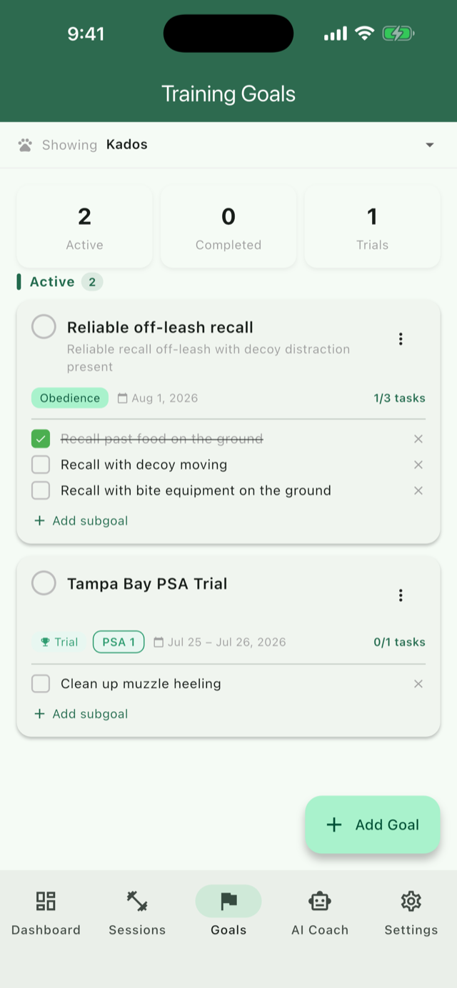 Training goals and trial countdown